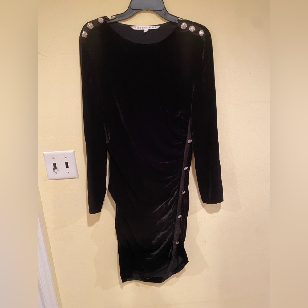 Veronica Beard Ira Button-Embellished Ruched Stretch-Velvet Mini Dress